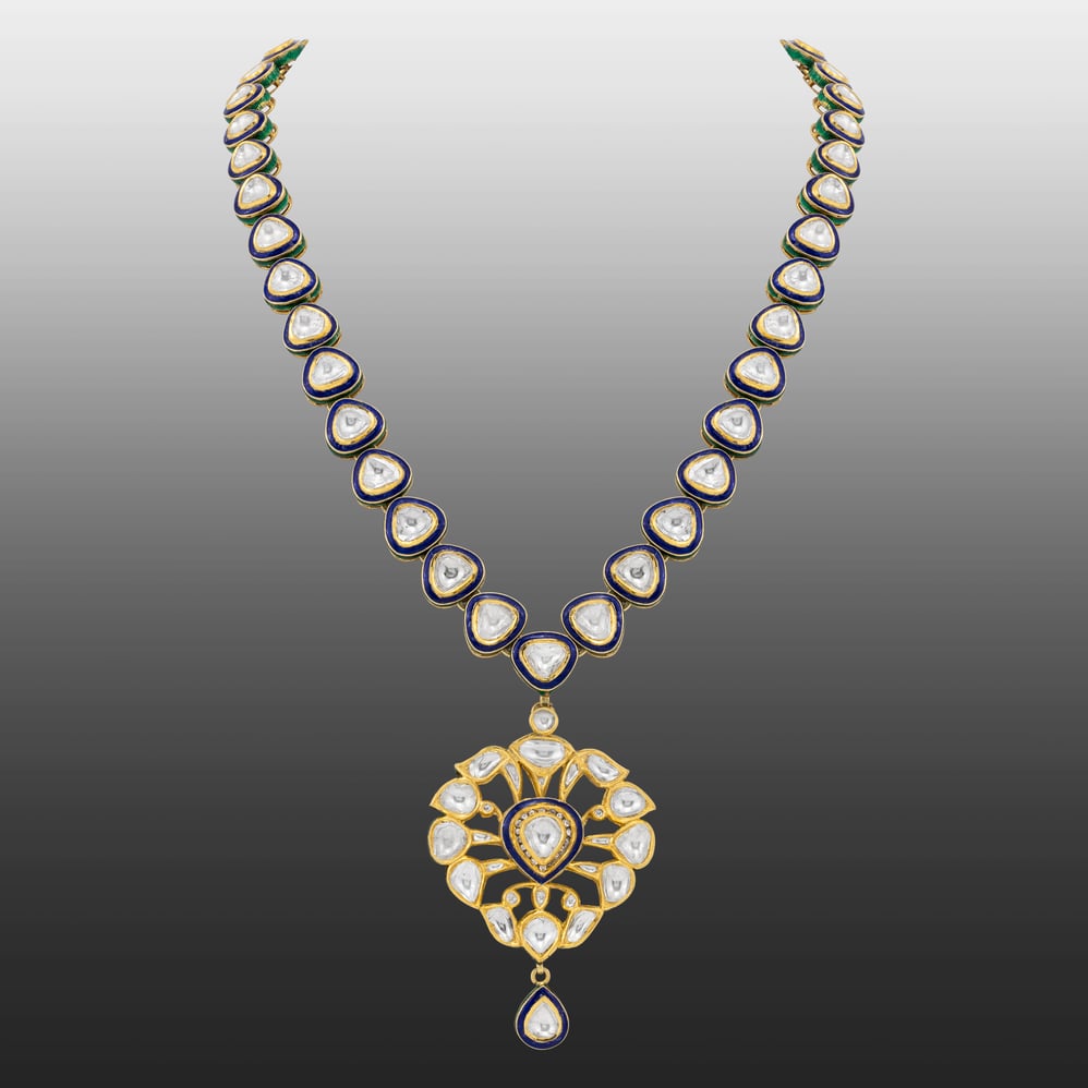 Polki Diamond Necklace with Blue Enamel and Pendant